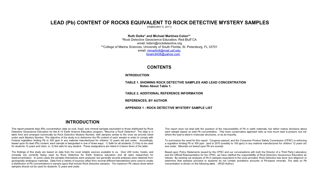 LEAD (Pb) CONTENT of ROCKS EQUIVALENT to ROCK DETECTIVE MYSTERY SAMPLES