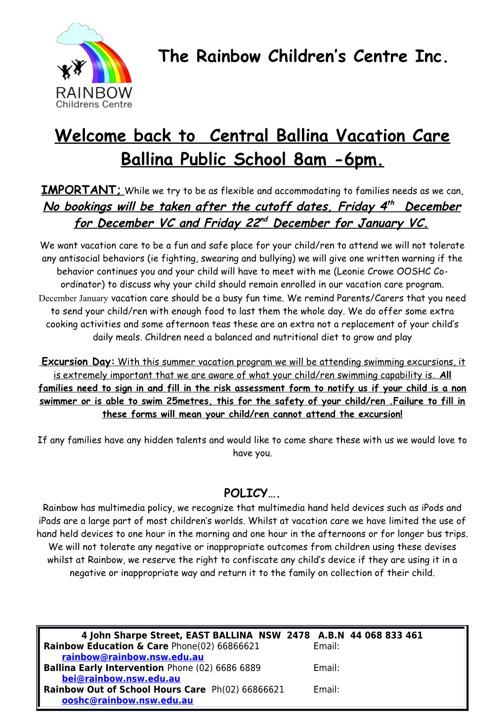 Welcome Back to Central Ballina Vacation Care