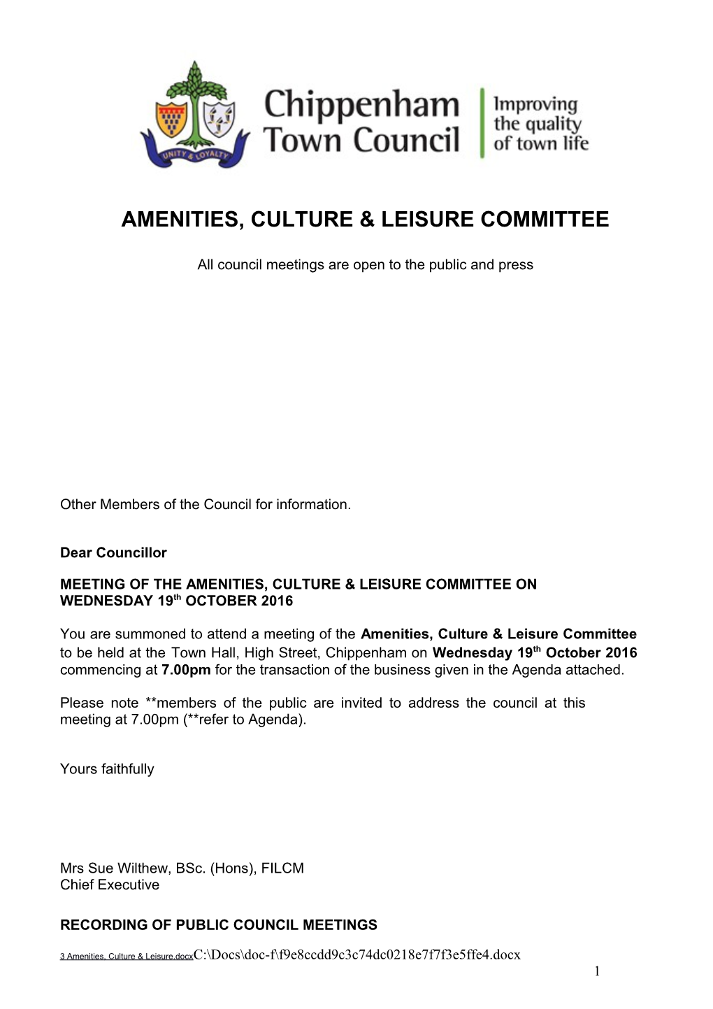 Amenities, Culture & Leisure Committee