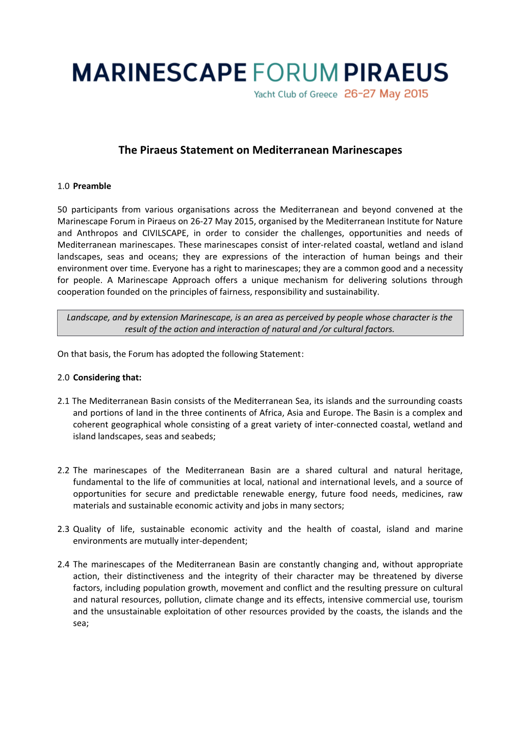 The Piraeus Statement on Mediterranean Marinescapes