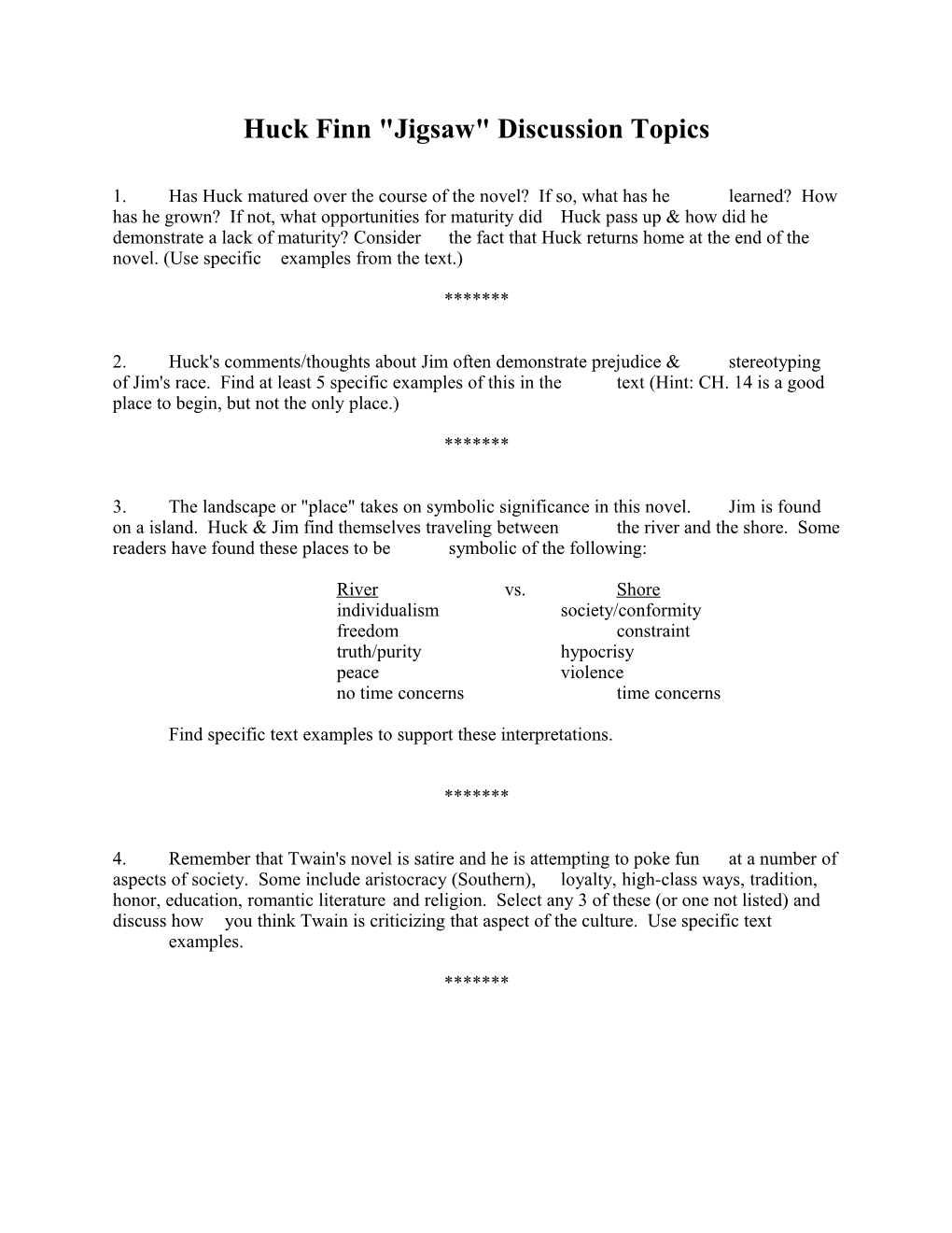 Huck Finn Jigsaw Discussion Topics