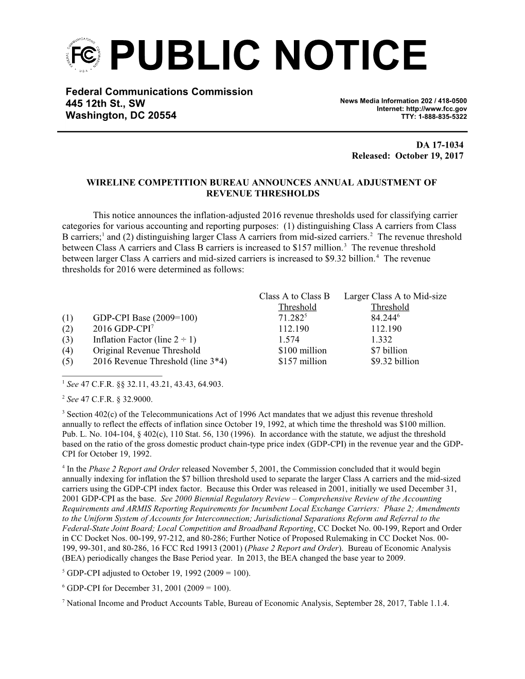 Wireline Competition Bureau Announces Annual Adjustment Of