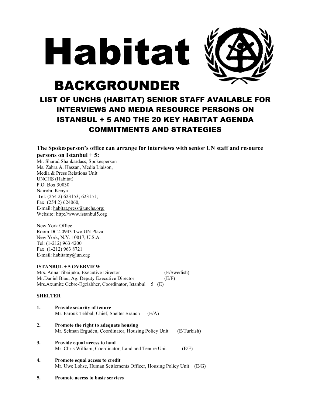 List of Unchs (Habitat) Senior Staff Available for Interviews and Media Resource Persons