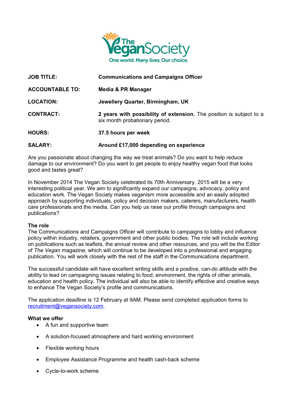 JOB TITLE: Communications and Campaigns Officer