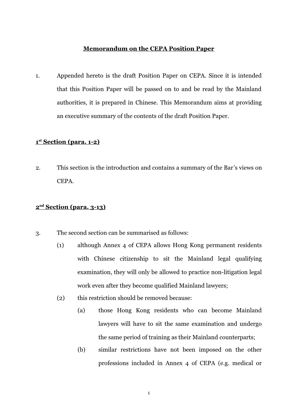 Memorandum on the CEPA Position Paper