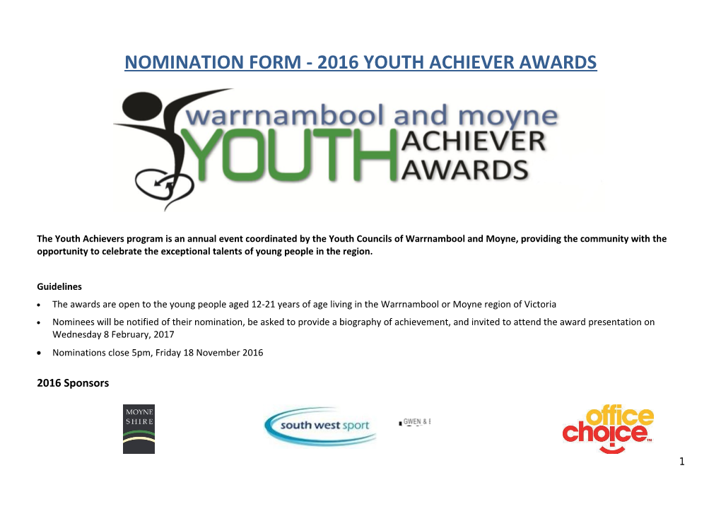 Nomination Form - 2016 Youth Achiever Awards