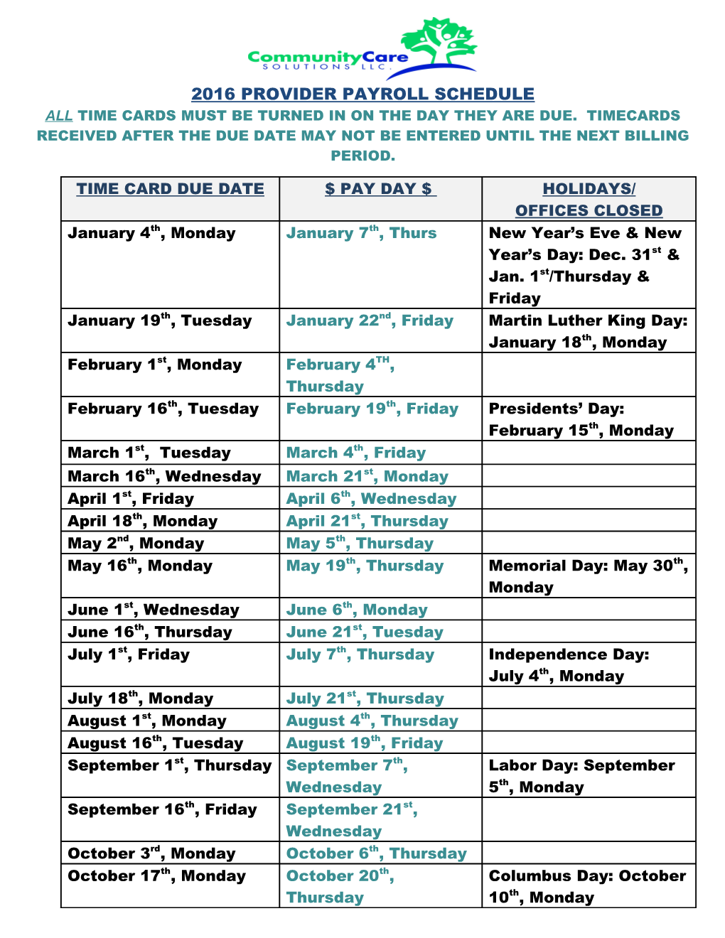 2016 Provider Payroll Schedule