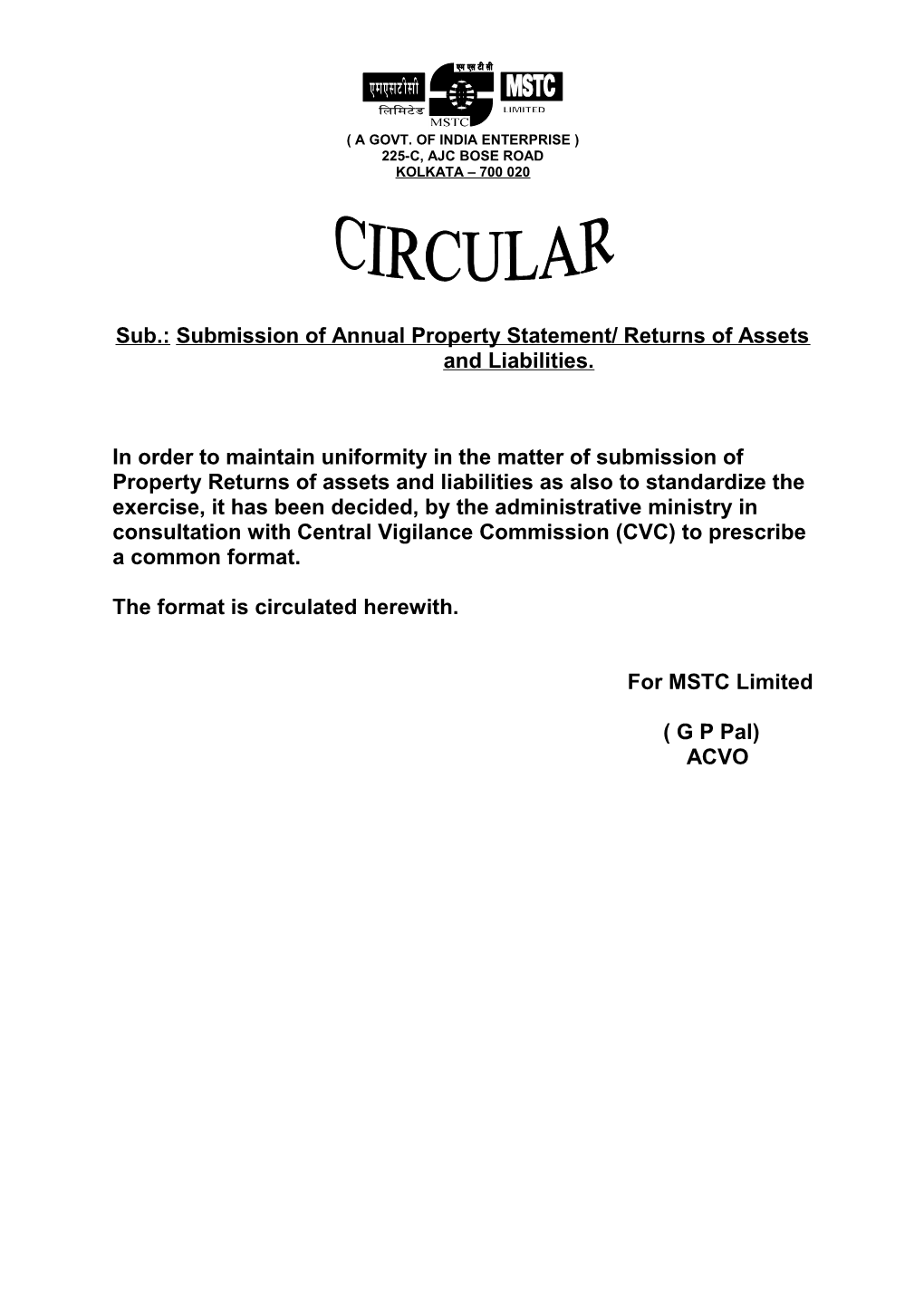 Sub.: Submission of Annual Property Statement/ Returns of Assets and Liabilities