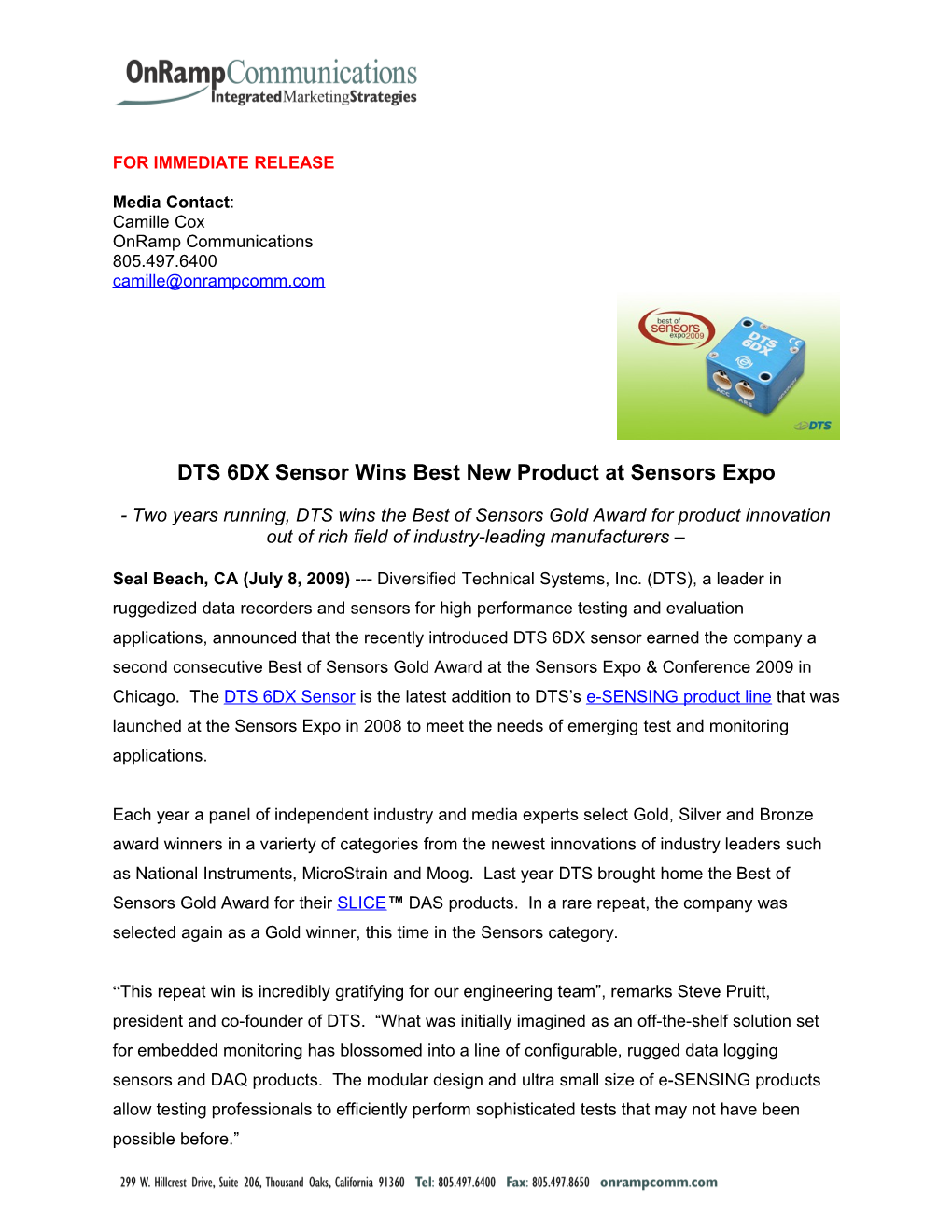 DTS 6DX Sensor Best New Product at Sensors Expo 2009