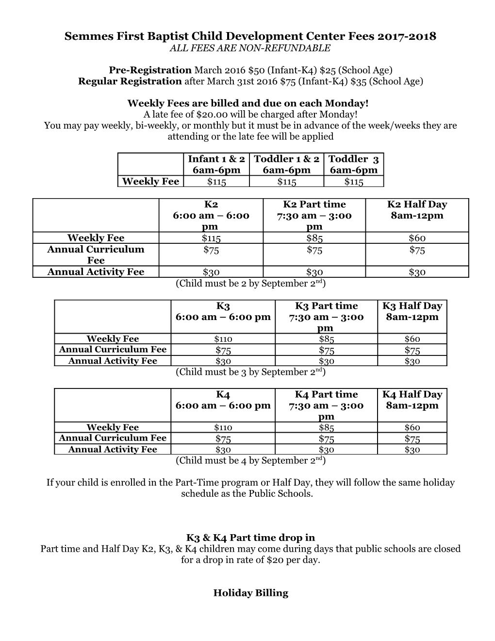 Semmes First Baptist Child Development Center Fees 2009-2010