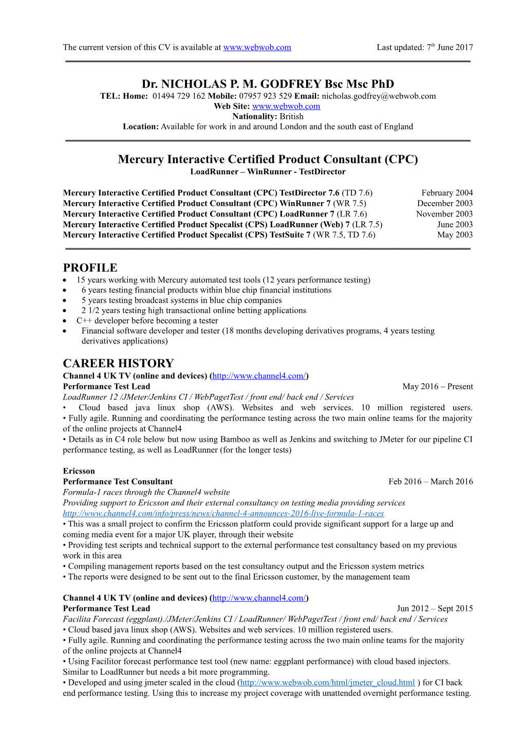 The Current Version of This CV Is Available at Www