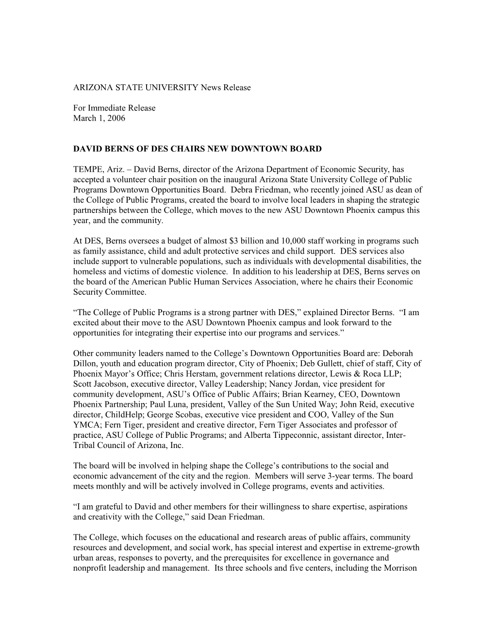 ARIZONA STATE UNIVERSITY News Release