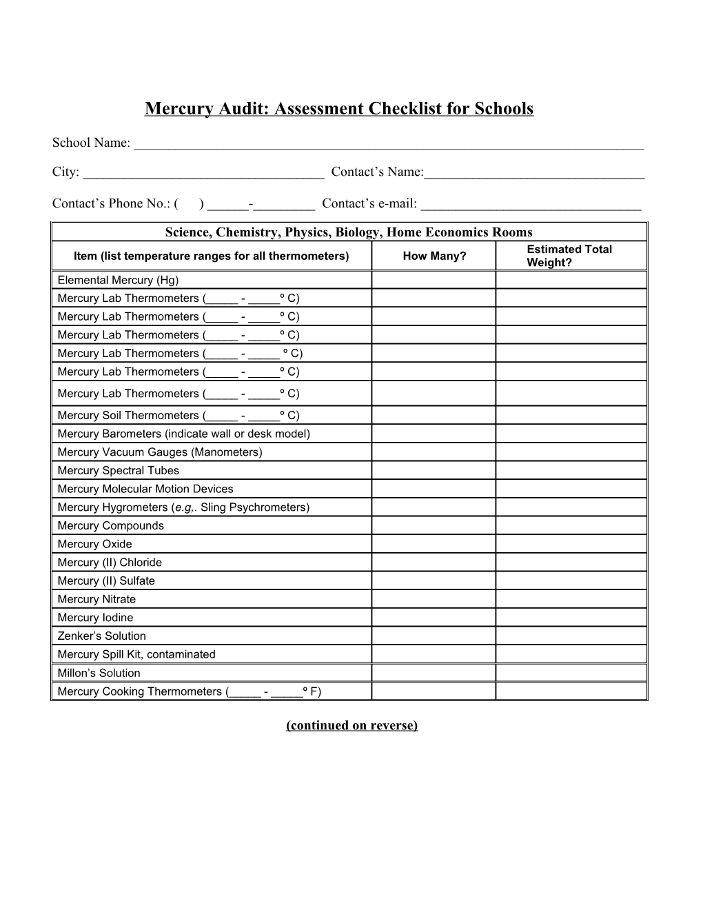 Mercury Audit: Assessment Checklist for Schools