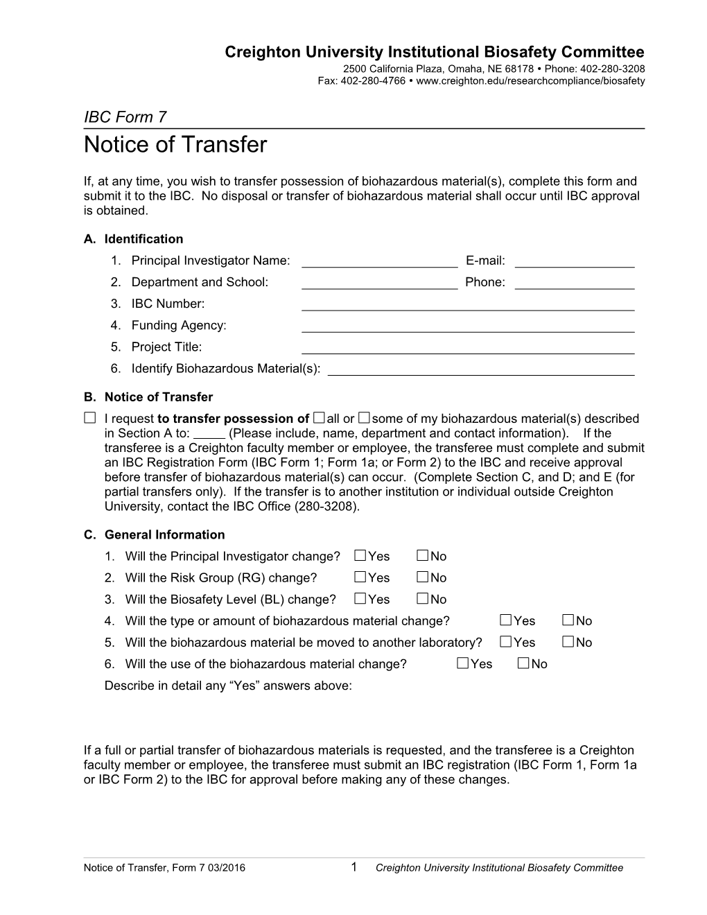 B. Notice of Transfer