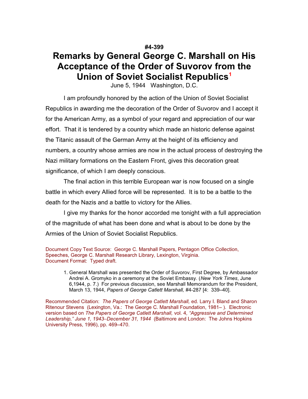 Remarks by General George C. Marshall on His Acceptance of the Order of Suvorov from The