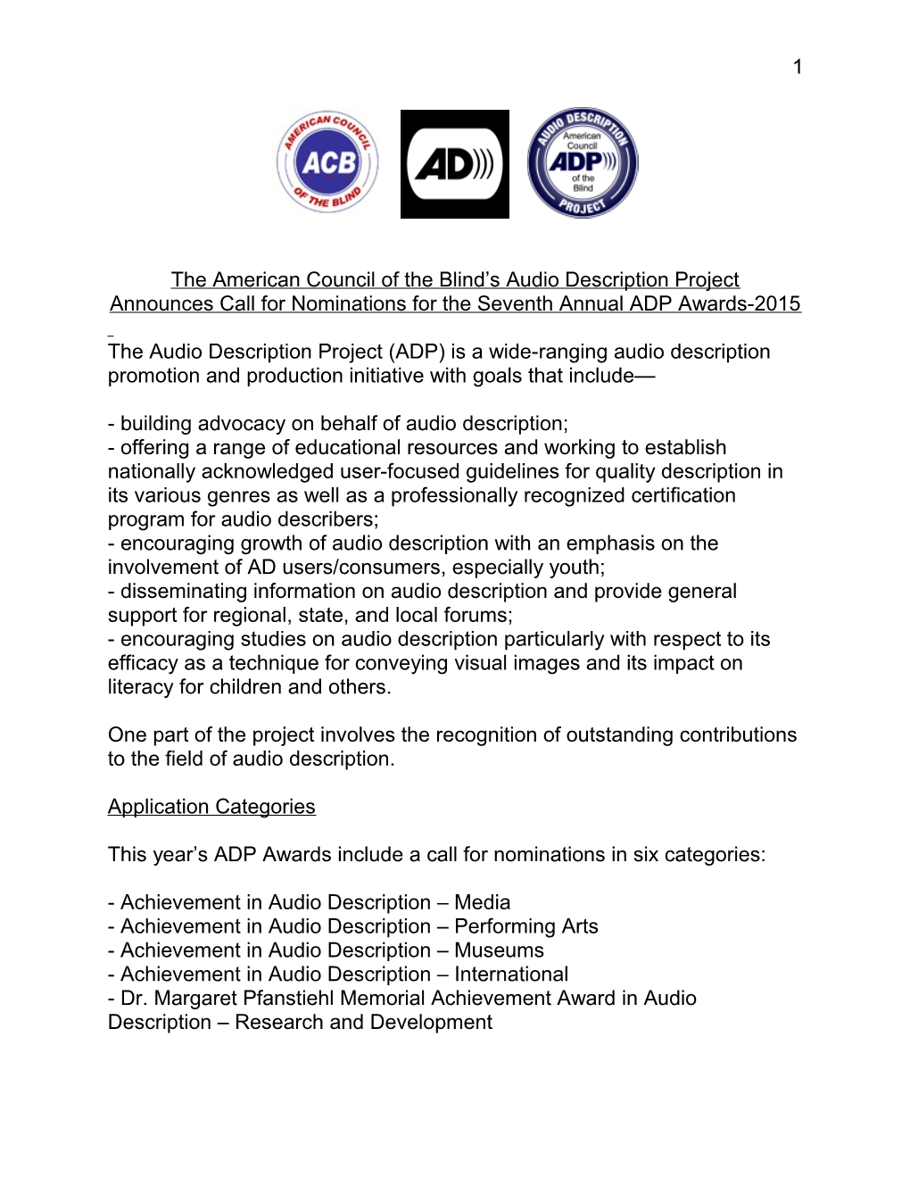 The American Council of the Blind S Audio Description Project Announces Call for Nominations