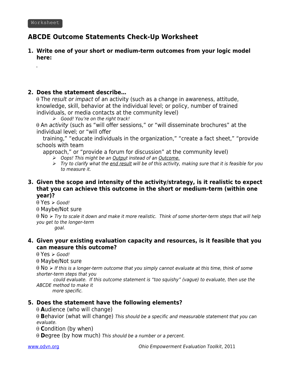 ABCDE Outcome Statements Check-Up Worksheet