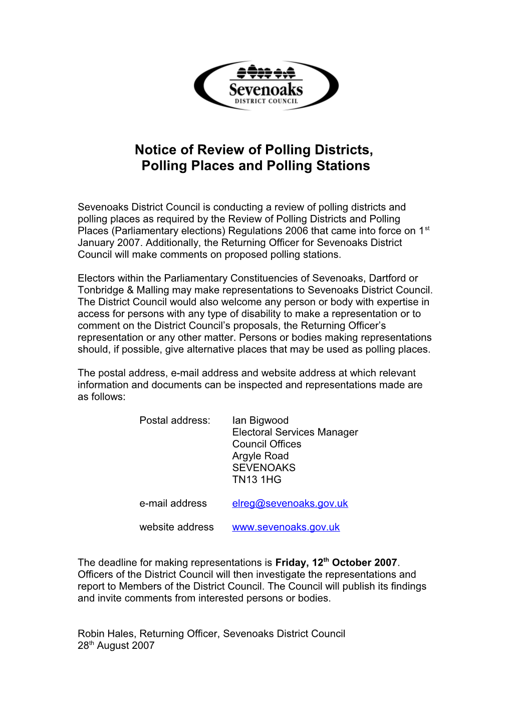 Notice of Review of Polling Districts, Polling Places and Polling Stations