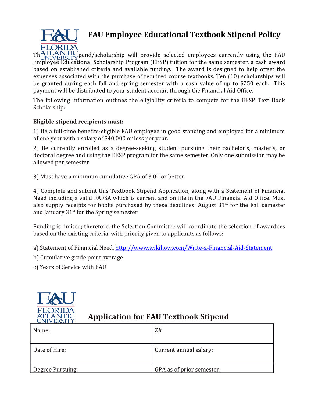 FAU Employee Educational Textbook Stipend Policy