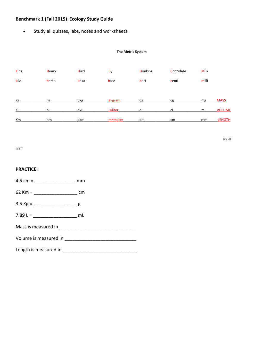 Benchmark 1 (Fall 2015) Ecology Study Guide