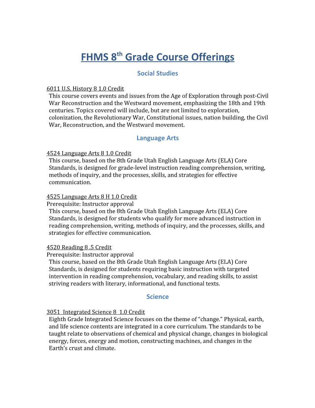 FHMS 8Th Grade Course Offerings
