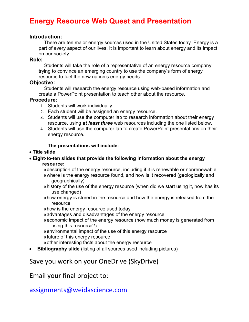 Energy Resource Web Quest and Presentation