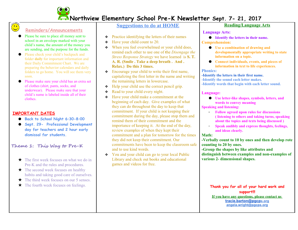 Northview Elementary School Pre-K Newsletter Sept. 7- 21, 2017