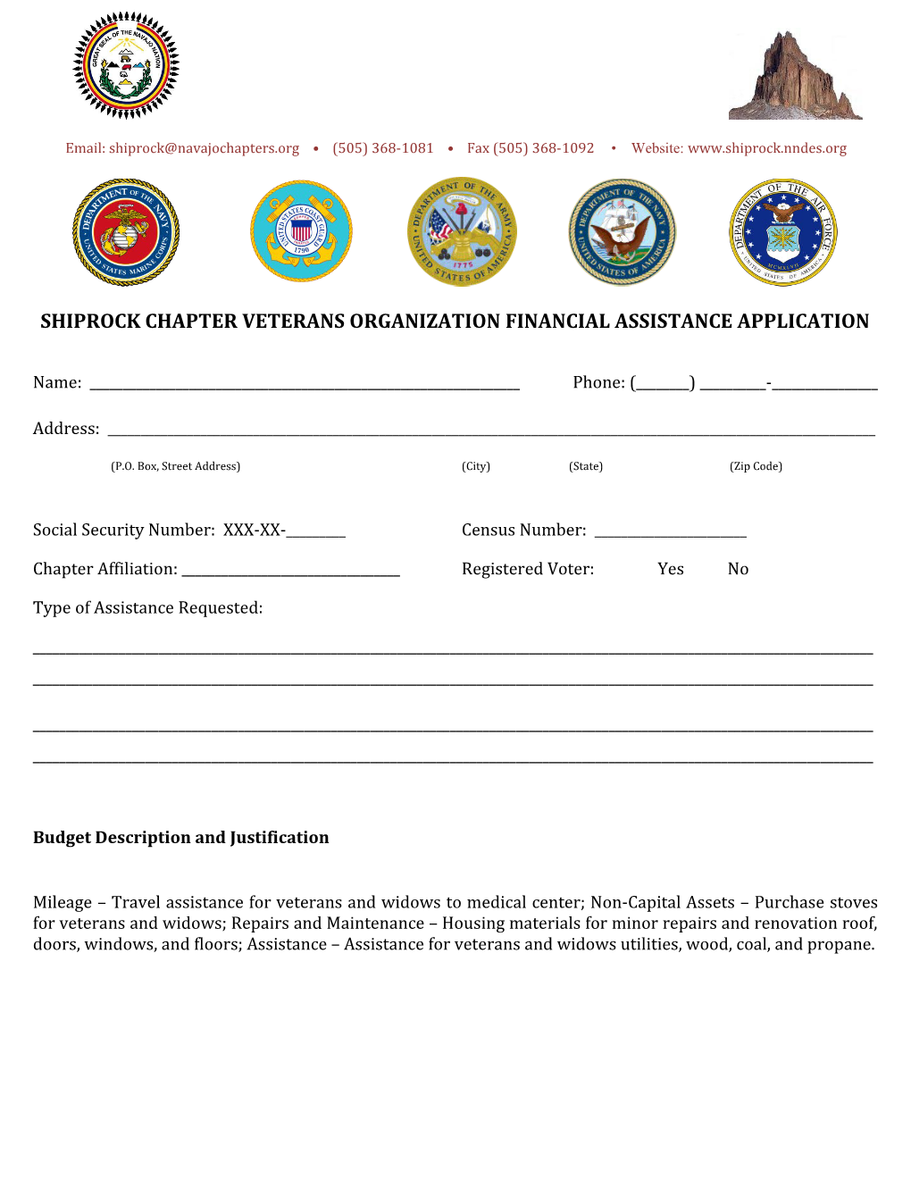 Shiprock Chapter Veterans Organization Financial Assistance Application
