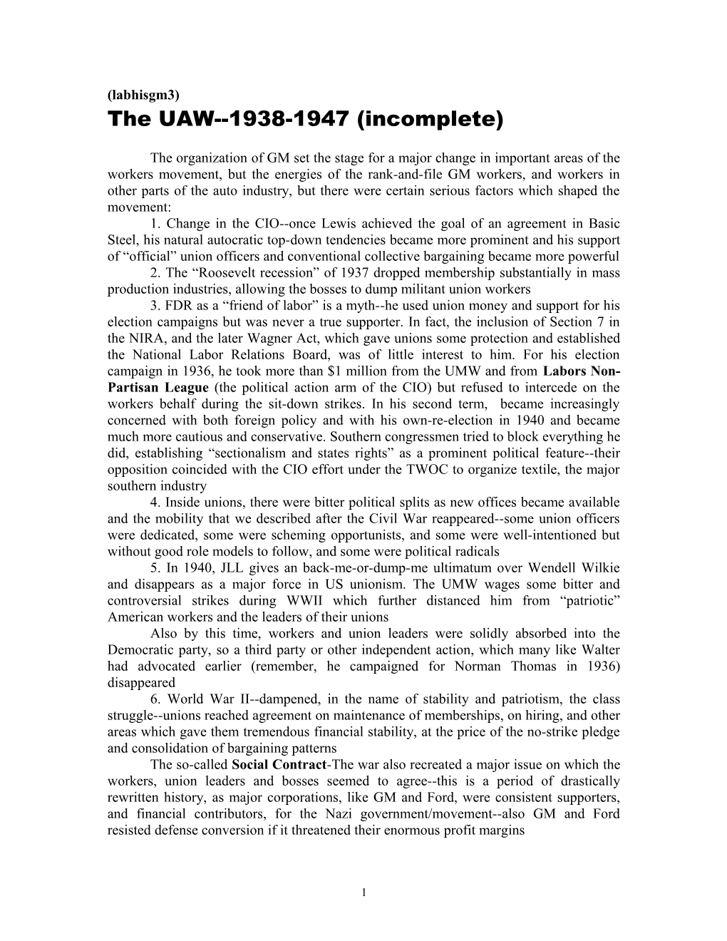 The UAW 1938-1947 (Incomplete)