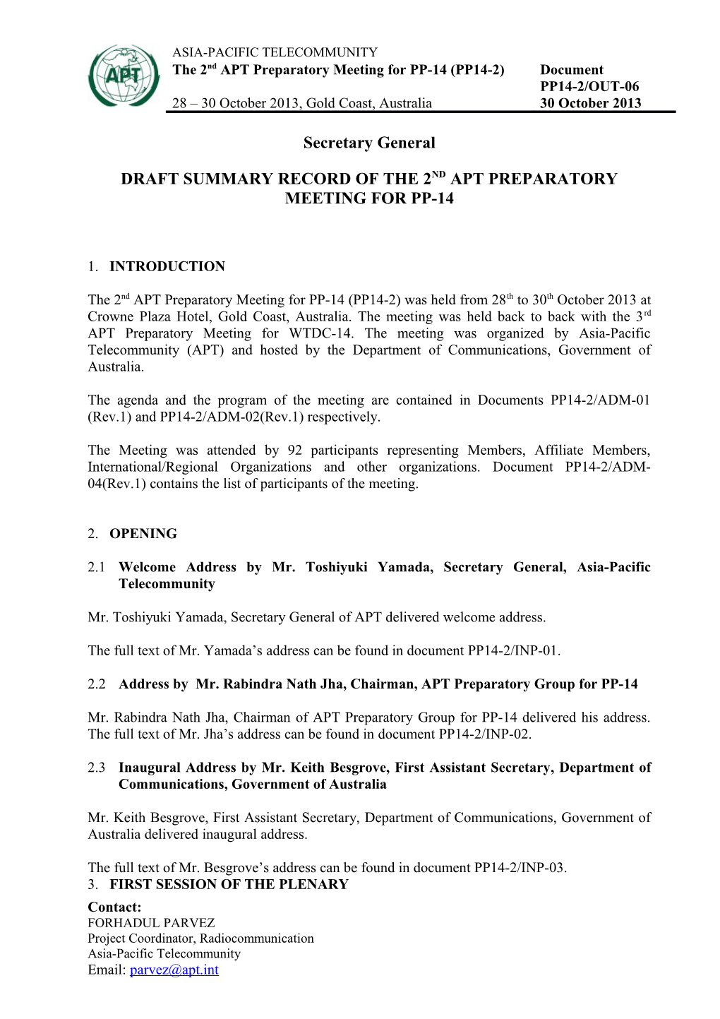 Draft Summary Record of the 2Nd APT Preparatory Meeting for Pp-14