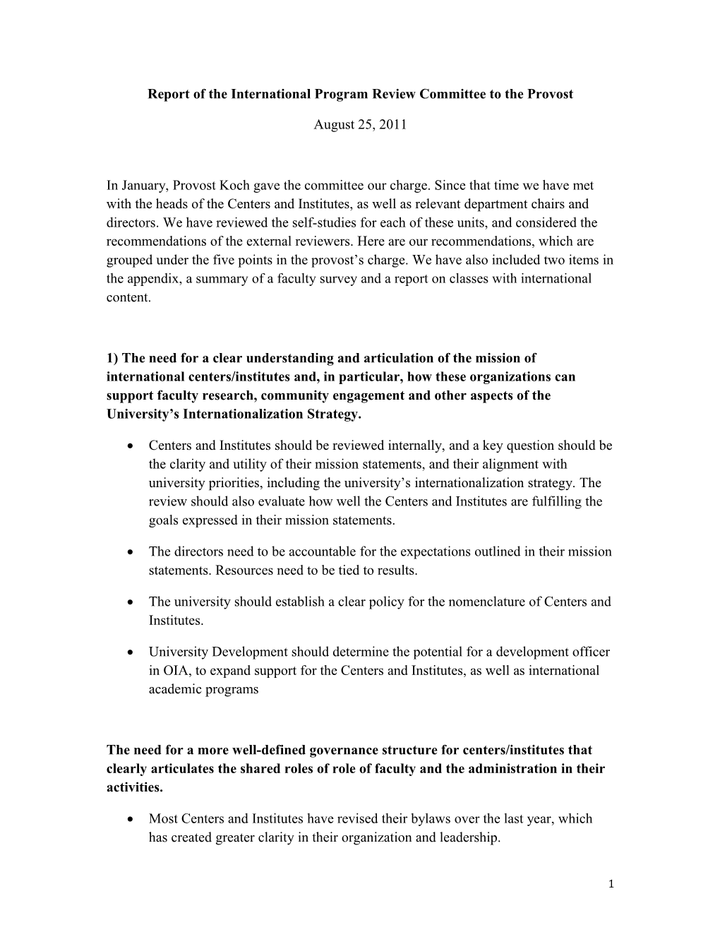 Report of the International Program Review Committee to the Provost