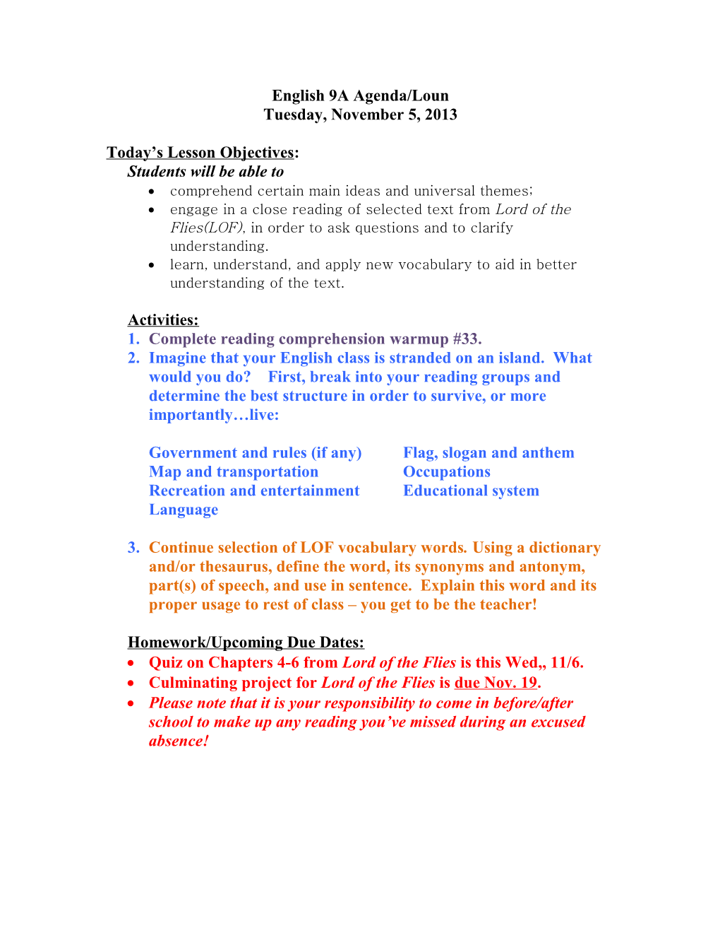 English 9A Agenda/Loun