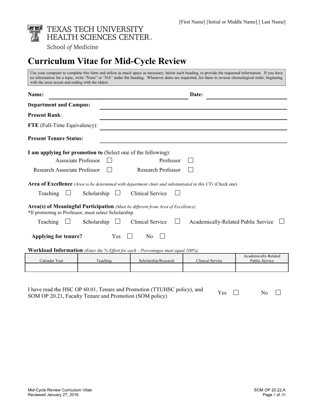 Mid-Cycle Review Curriculum Vitae - January 27, 2016