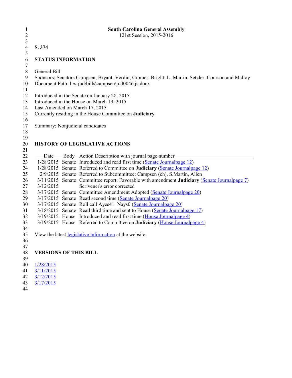 2015-2016 Bill 374: Nonjudicial Candidates - South Carolina Legislature Online