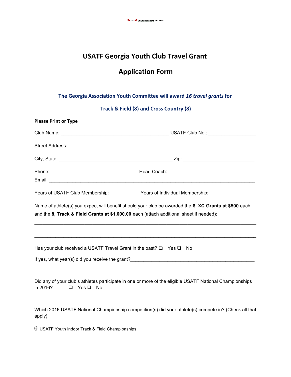 USATF Georgia Youth Club Travel Grant
