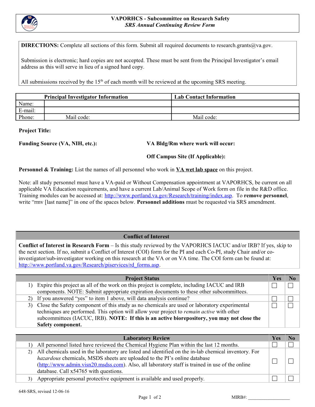 SRS Annual Continuing Review Form