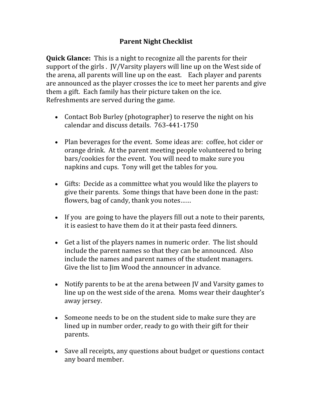 Parent Night Checklist