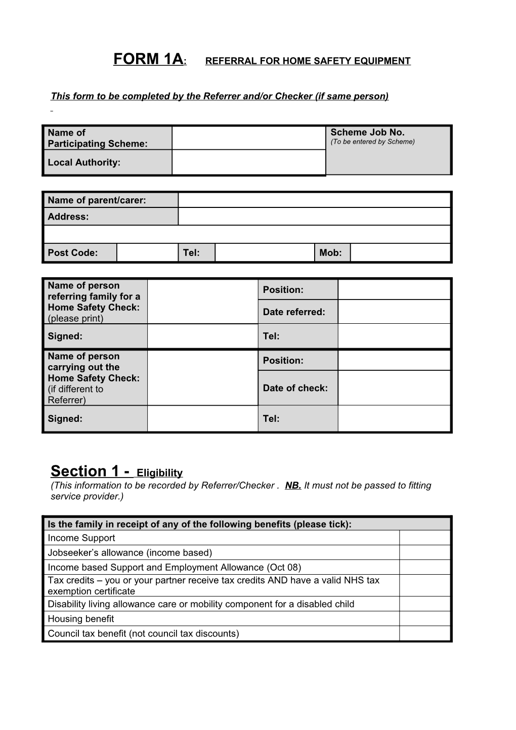 Form 1A: Referral for Home Safety Equipment