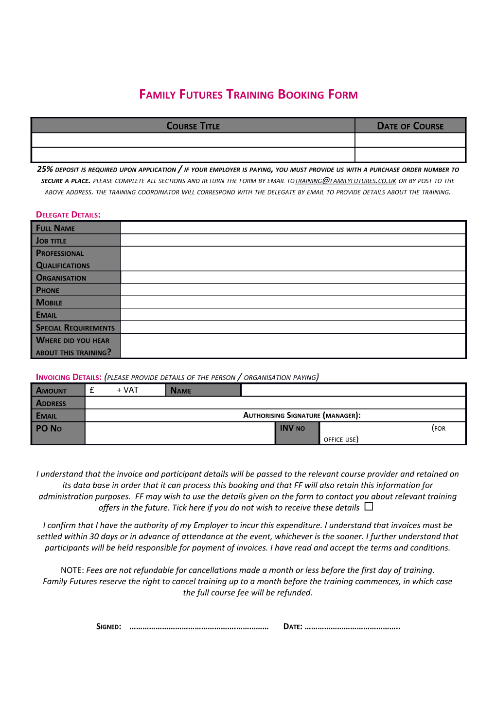 Family Futures Training Booking Form