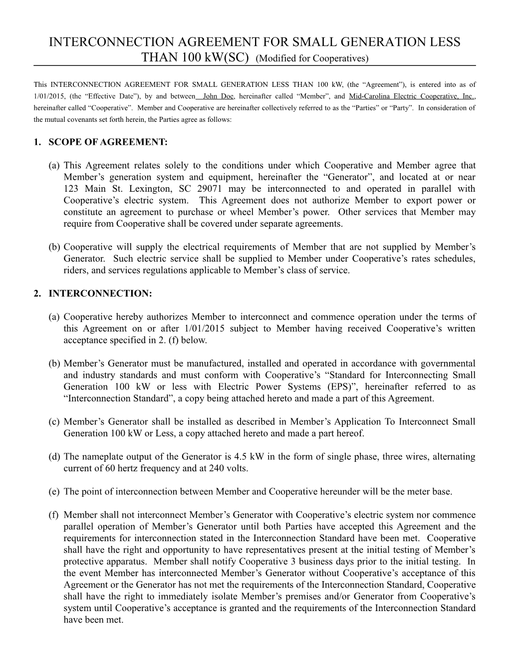 INTERCONNECTION AGREEMENT for SMALL GENERATION LESS THAN 100 Kw(SC) (Modified for Cooperatives)