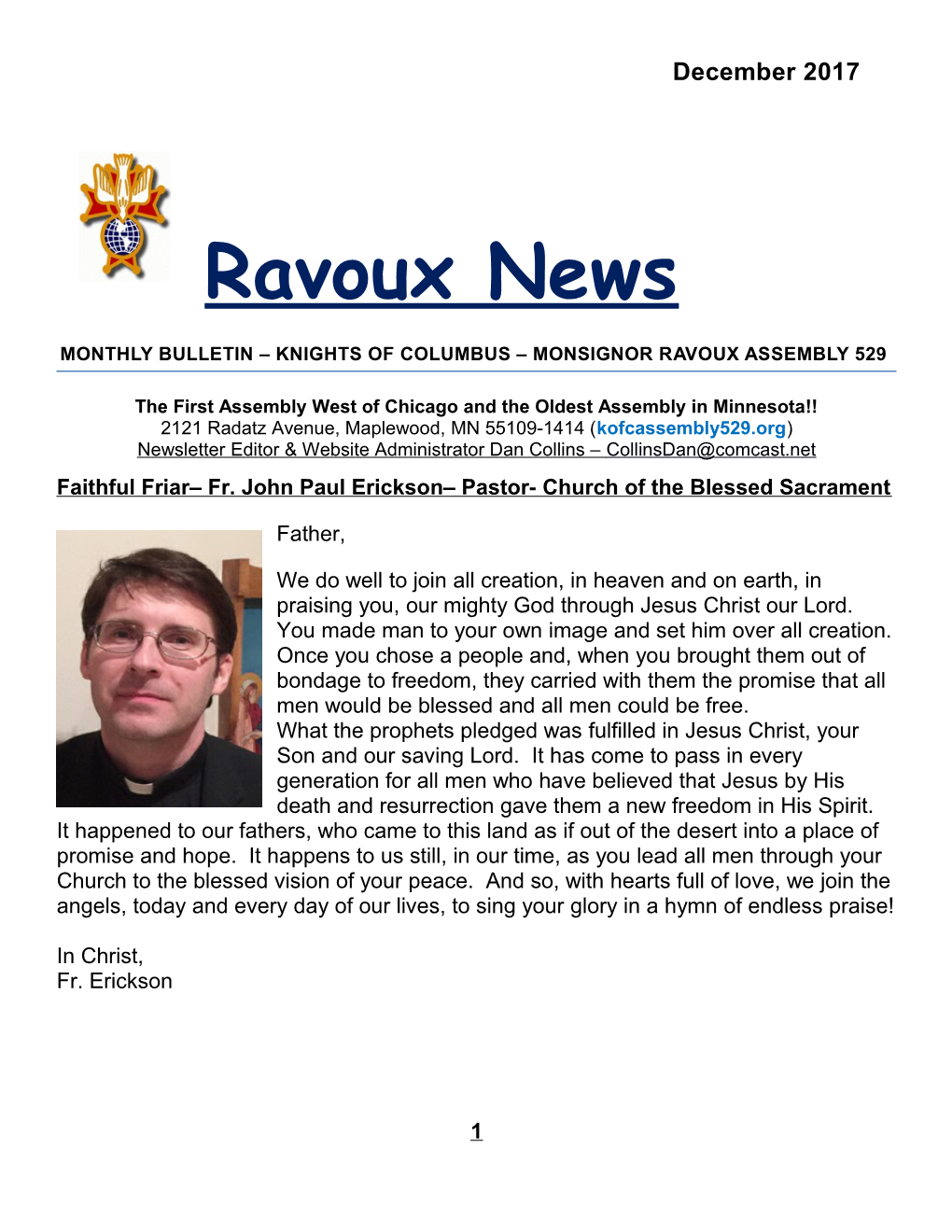 Monthly Bulletin Knights of Columbus Monsignor Ravoux Assembly 529