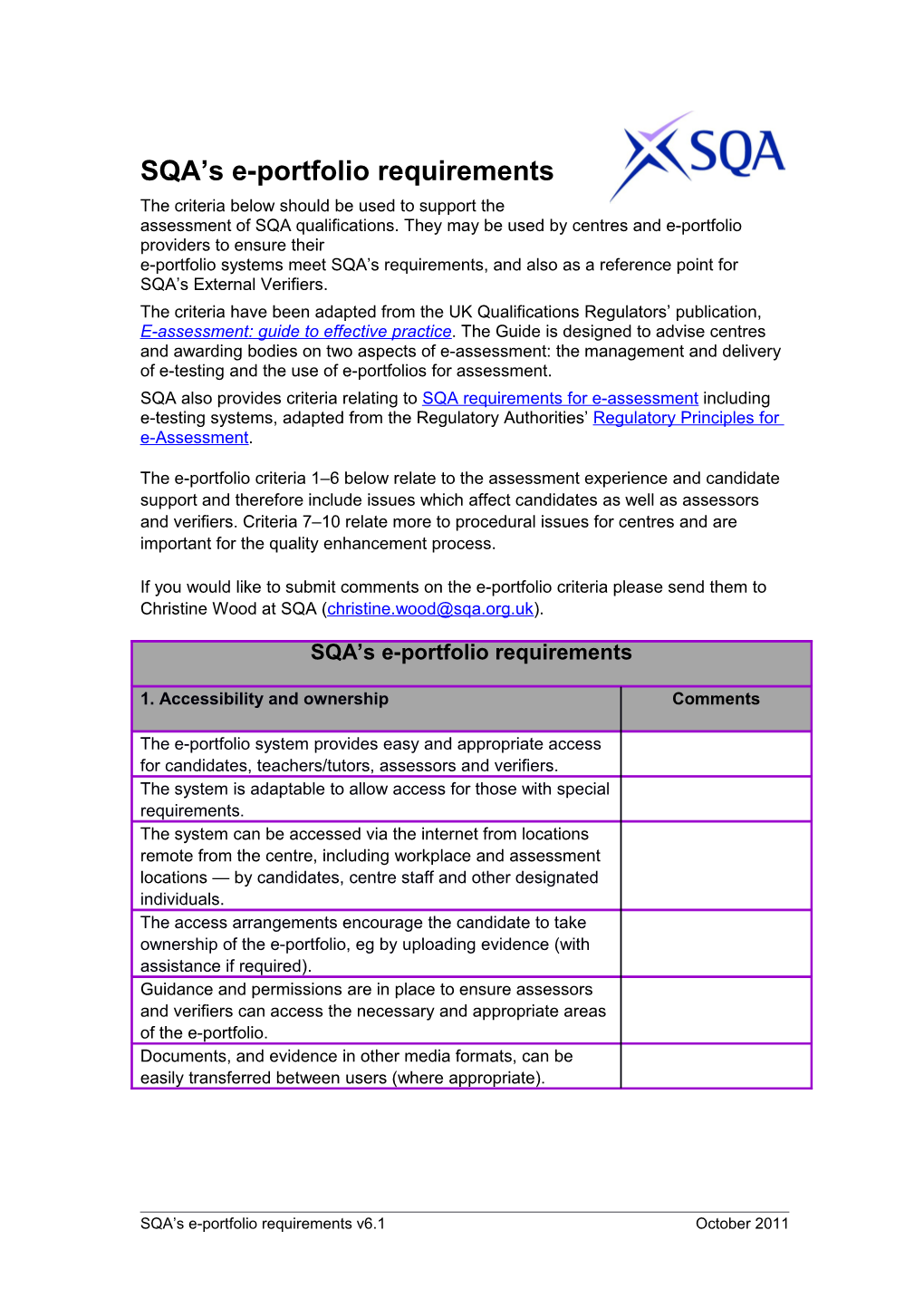 SQA Requirements for E-Portfolios