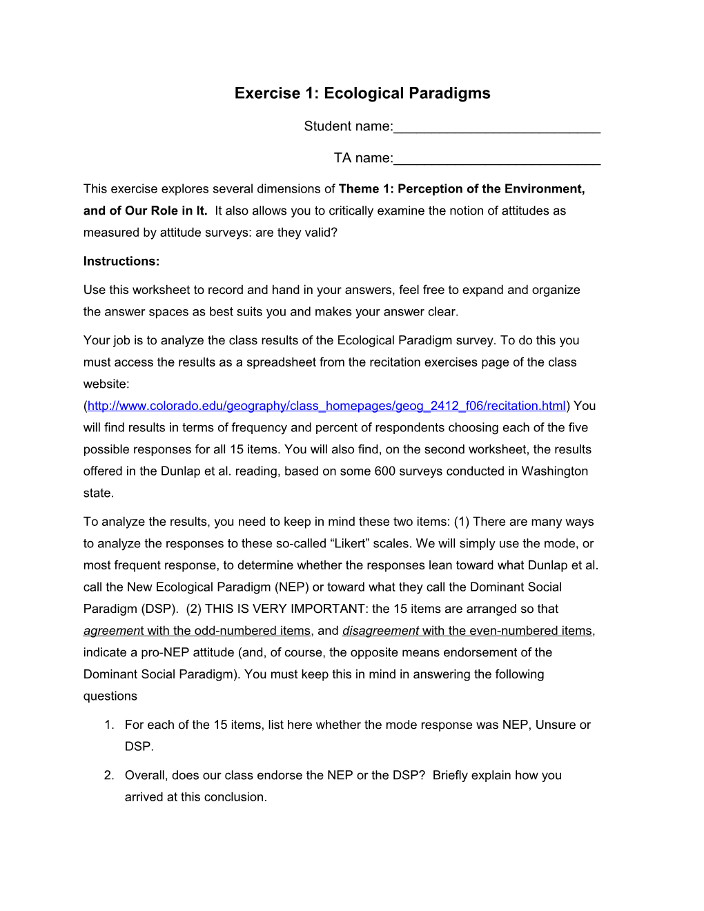 Exercise 1: Ecological Paradigms