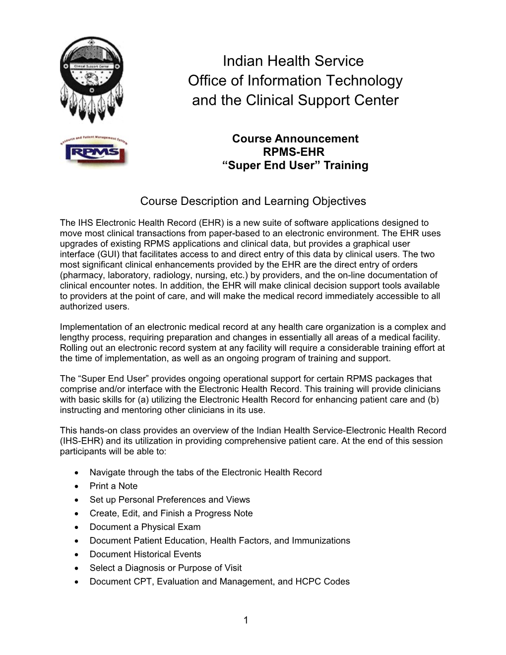 RPMS-EHR Supper End User Training - Course Announcement
