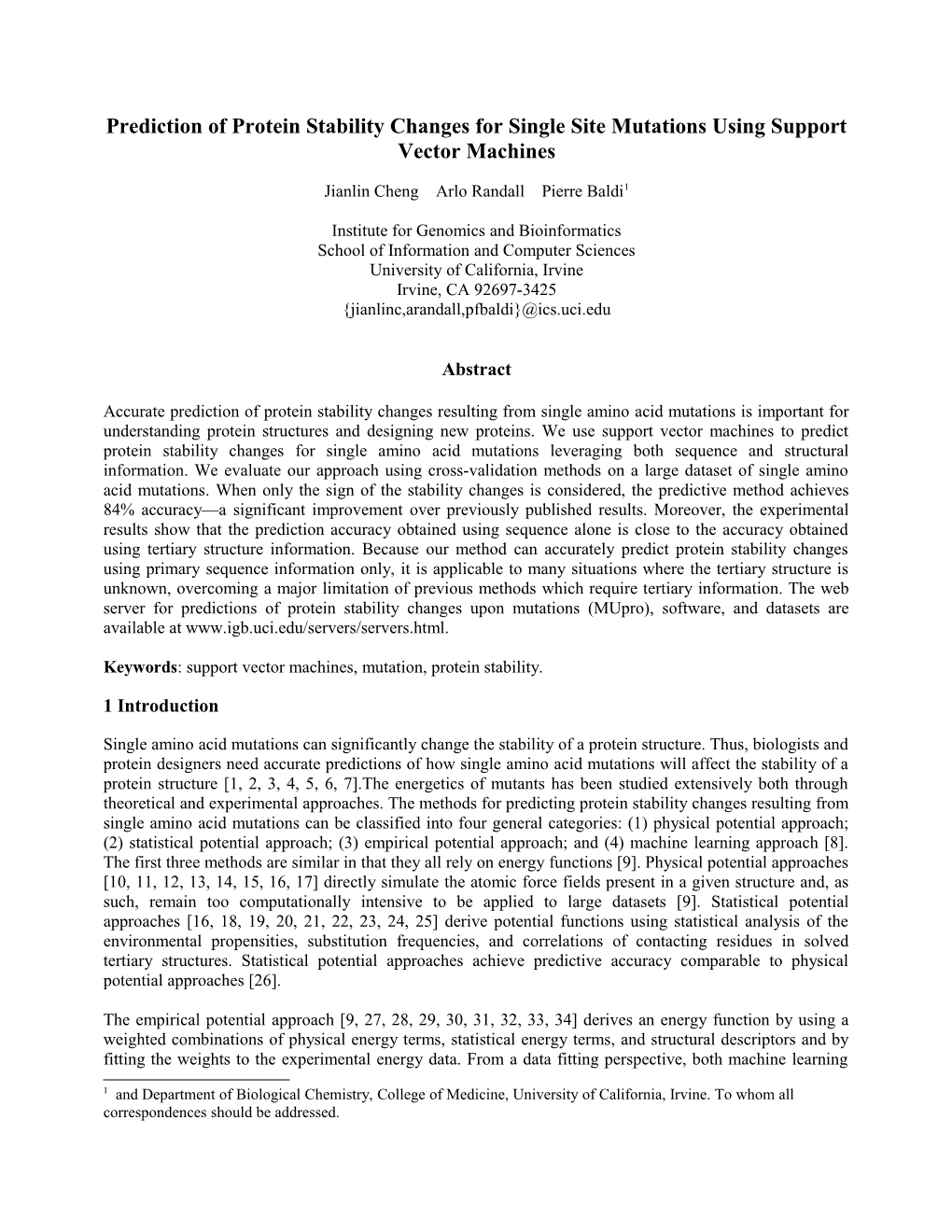 Prediction of Protein Stability Changes for Single Site Mutations Using Support Vector Machines