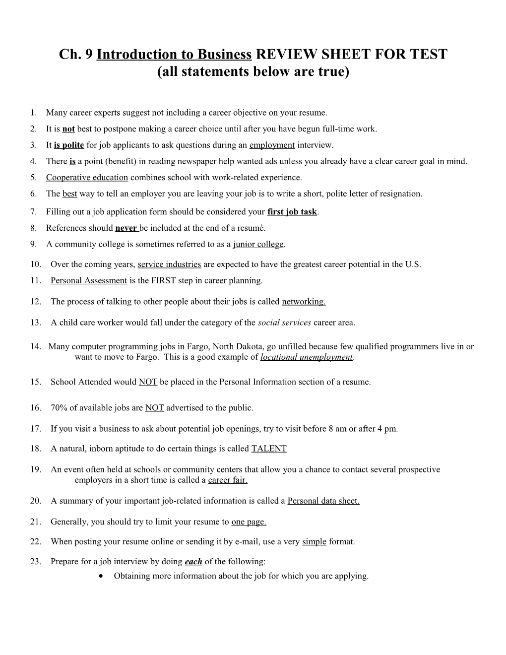 Ch. 9 Introduction to Business REVIEW SHEET for TEST