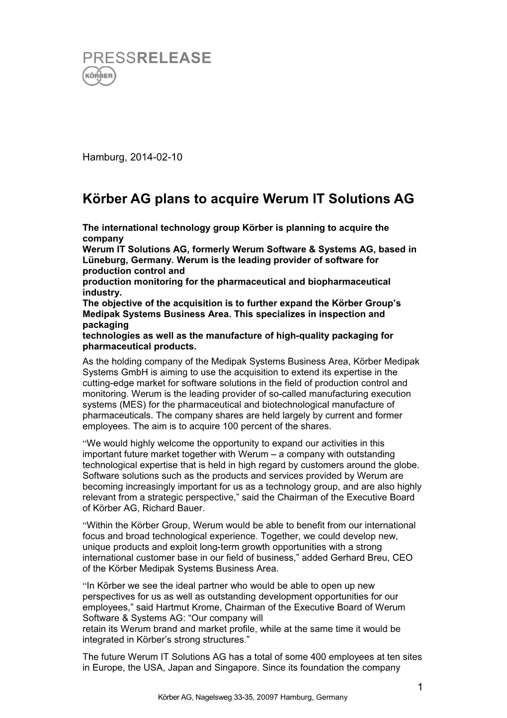 Körber AG Plans to Acquire Werum IT Solutions AG
