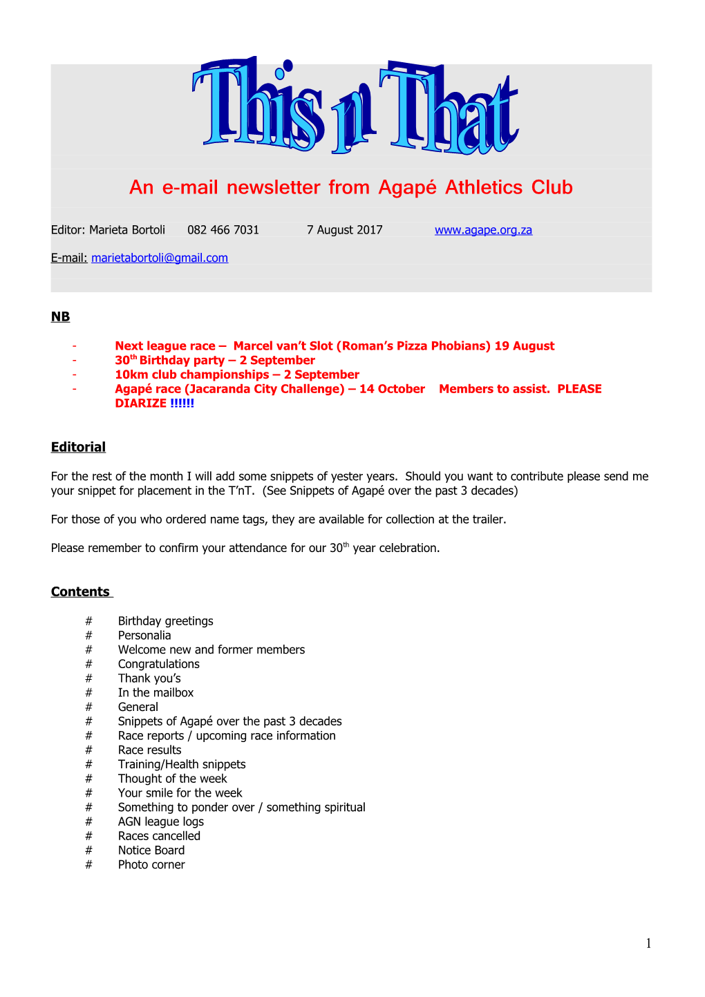 An E-Mail Newsletter from Agapé Athletics Club s1