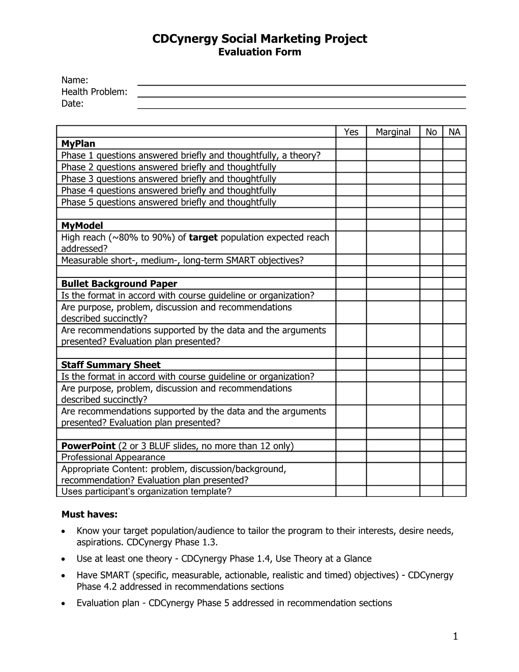 Cdcynergy Social Marketing Project Evaluation Form