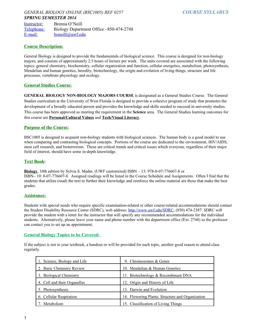 General Biology Online (Bsc1005) Ref 0257 Course Syllabus Spring Semester 2014